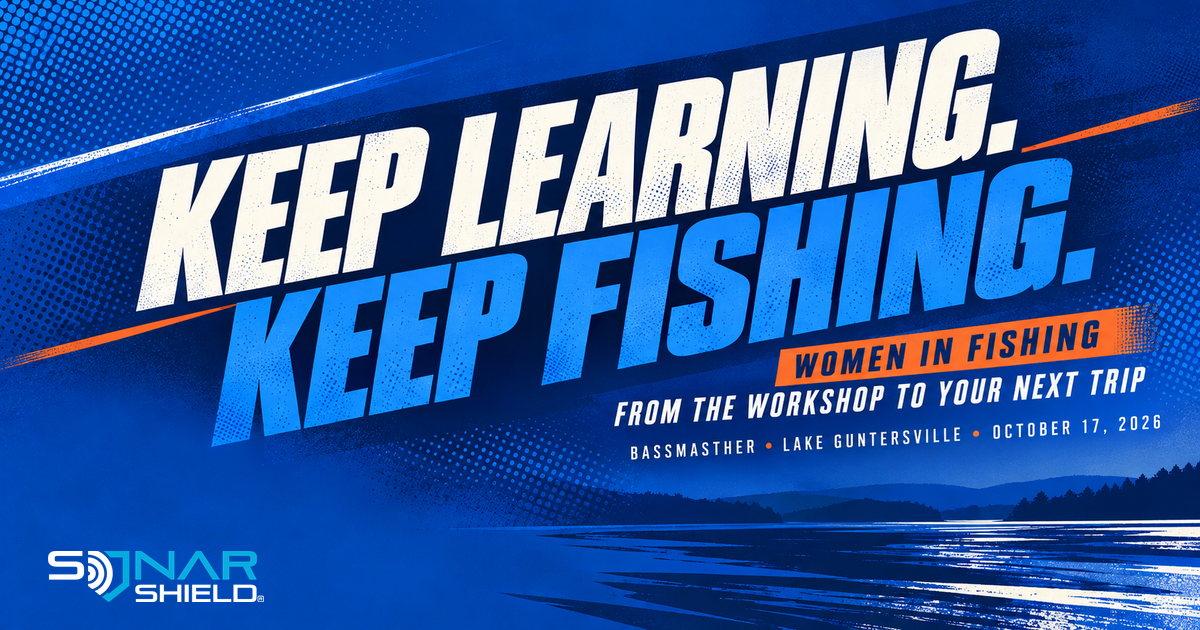 Typography-only women in fishing graphic reading Keep Learning Keep Fishing with BassmastHER Guntersville October 17 2026 dateline