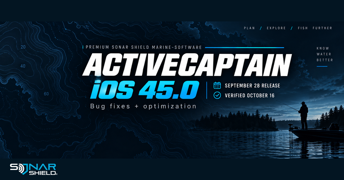 Garmin ActiveCaptain iOS 45.0 editorial update graphic, September 28 release, no simulated app screen