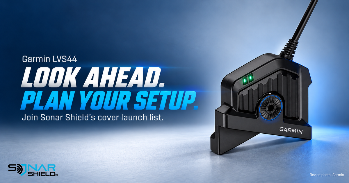 Garmin LVS44 transducer with Look Ahead Plan Your Setup headline and Sonar Shield launch-list invitation