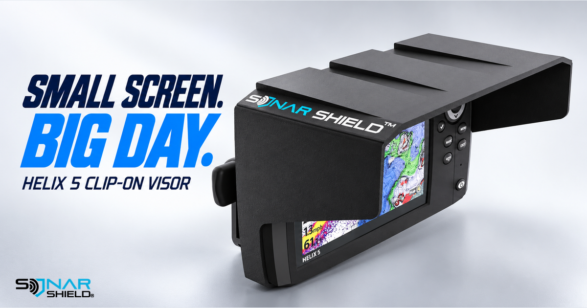 Sonar Shield black clip-on visor shown on a HELIX 5 in owned catalog artwork, with Small Screen Big Day headline