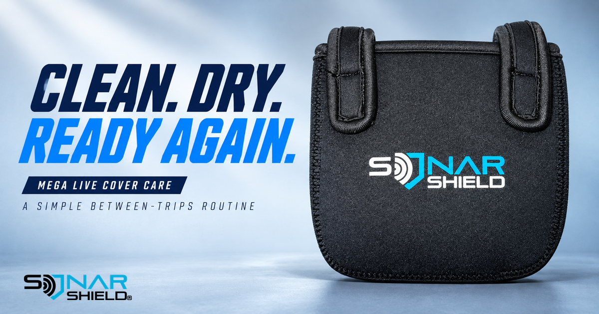 Sonar Shield black neoprene MEGA Live transducer cover with original physical branding and Clean Dry Ready Again headline