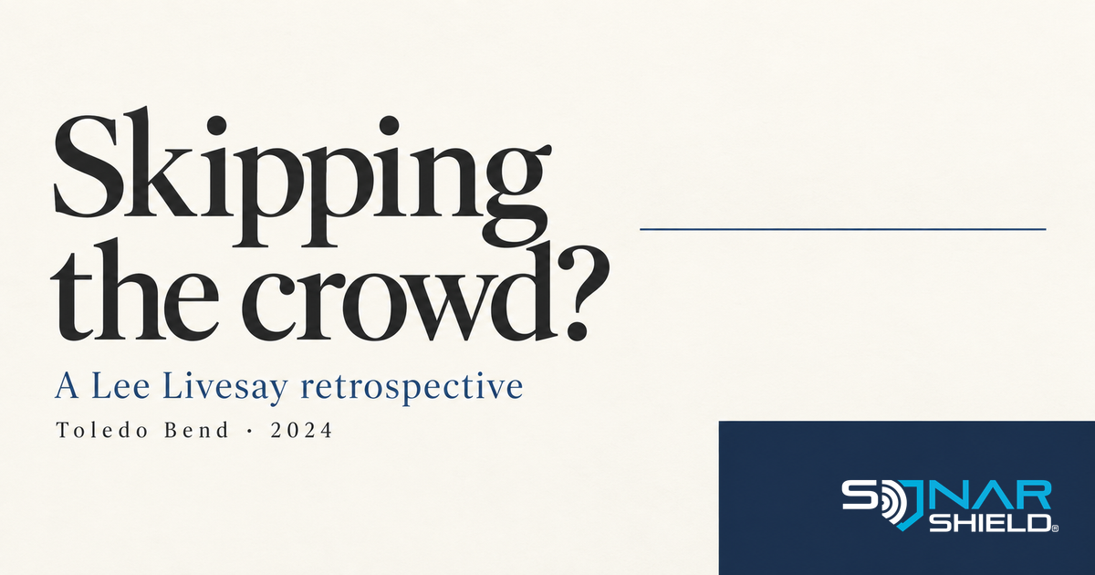 Editorial typography asking Skipping the crowd? with a Lee Livesay Toledo Bend 2024 retrospective label; no angler photograph.
