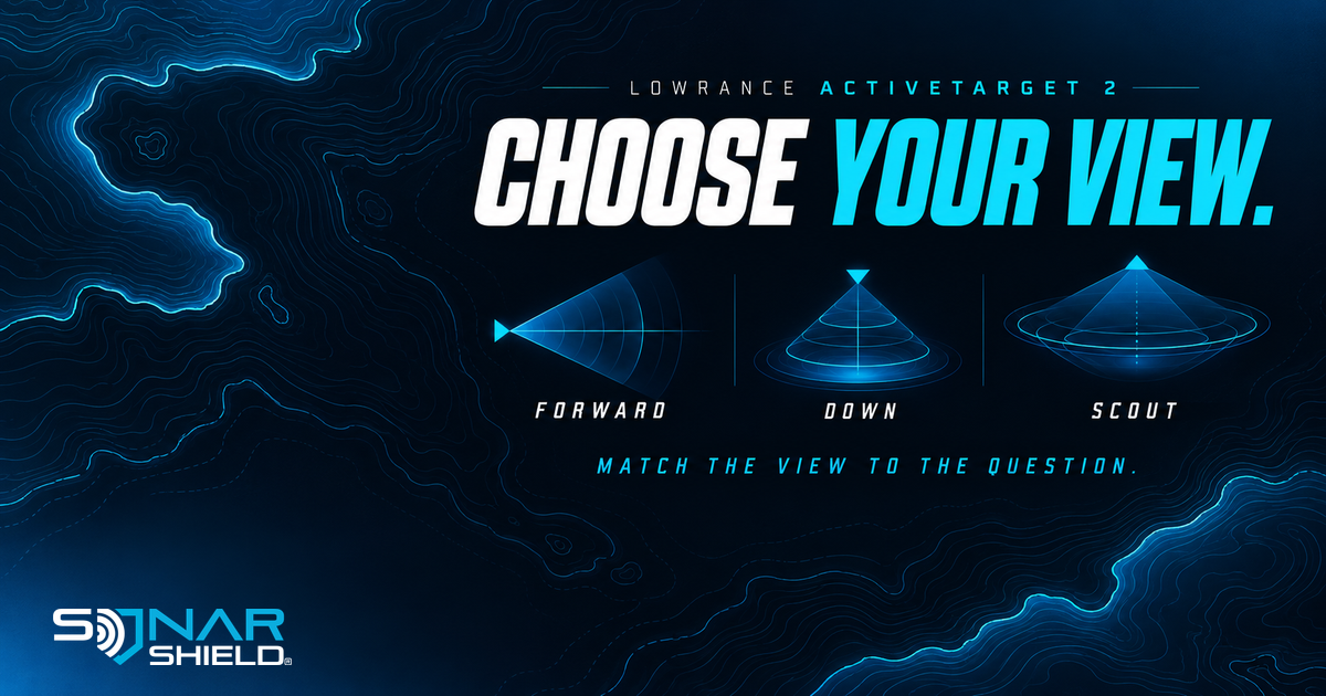 ActiveTarget 2 view-selection editorial graphic with Forward Down and Scout labels and Choose Your View headline