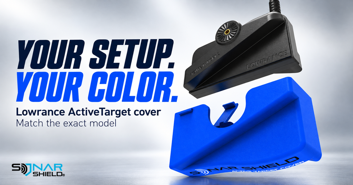 Blue Sonar Shield ActiveTarget cover shown separately beneath a Lowrance transducer with Your Setup Your Color headline.