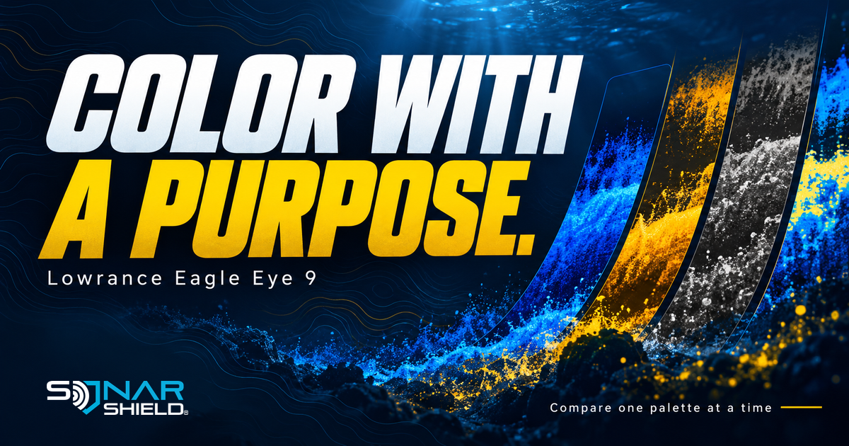 Lowrance Eagle Eye 9 color-palette guide with illustrative blue and yellow swatch patterns