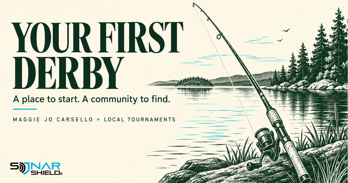 Illustrated lake and fishing rod with Your First Derby headline for a Maggie Jo Carsello community feature
