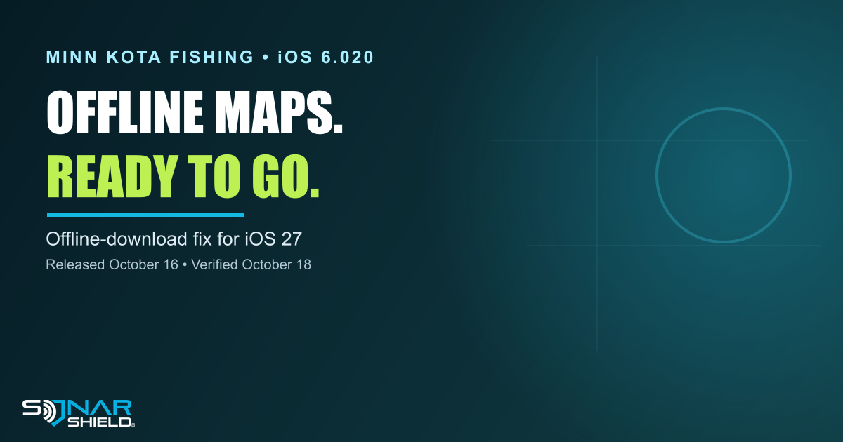 Original Minn Kota Fishing iOS 6.020 update graphic reading Offline Maps Ready to Go, with a conceptual folded-map symbol; not an app screenshot