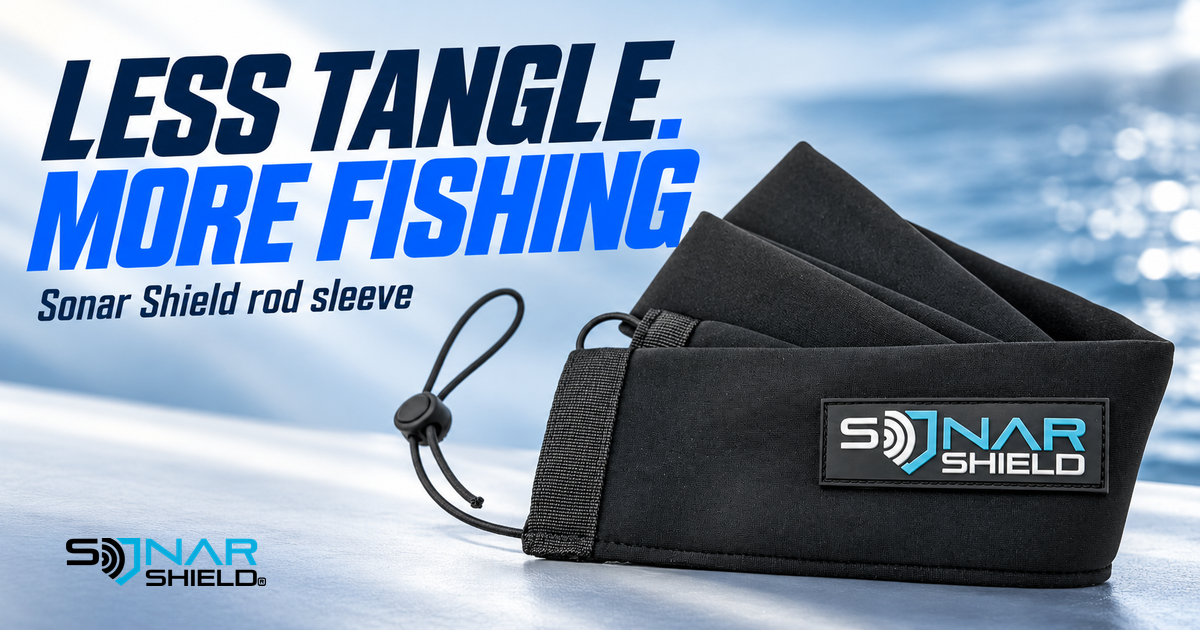 Sonar Shield black neoprene rod sleeve with branded patch and drawcord
