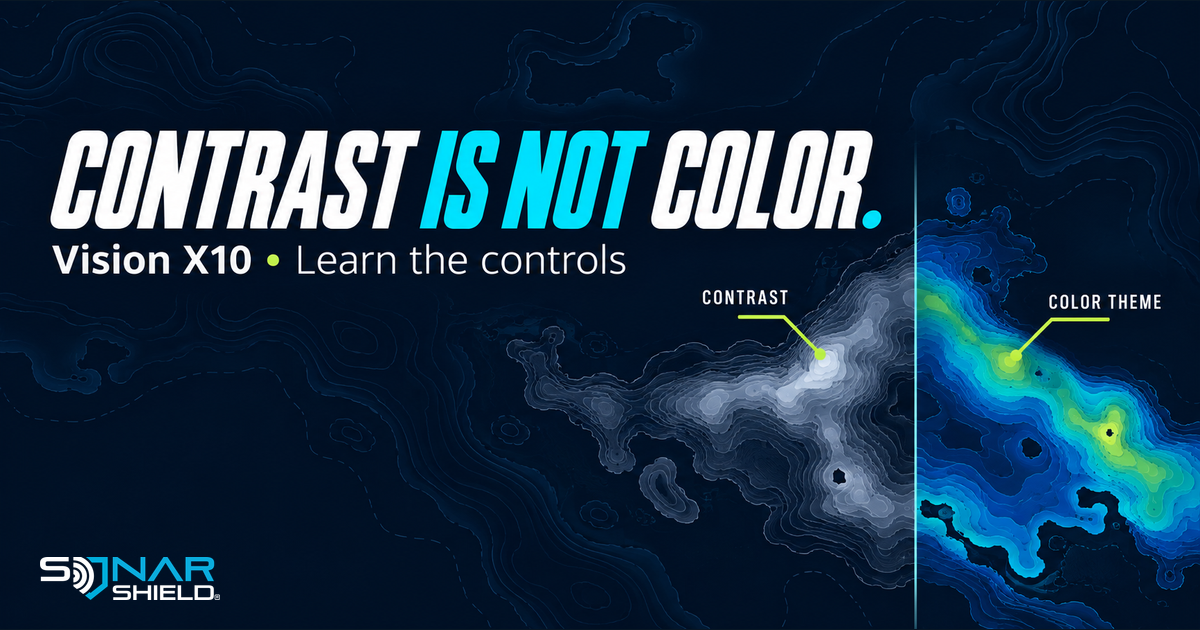 Vexilar Vision X10 guide artwork reading Contrast Is Not Color with conceptual contour illustrations.