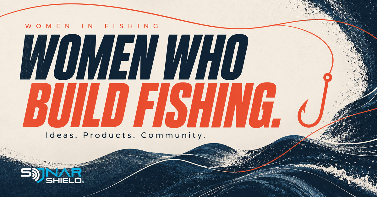 Women Who Build Fishing editorial graphic with bold navy and coral lettering and a fishing hook motif