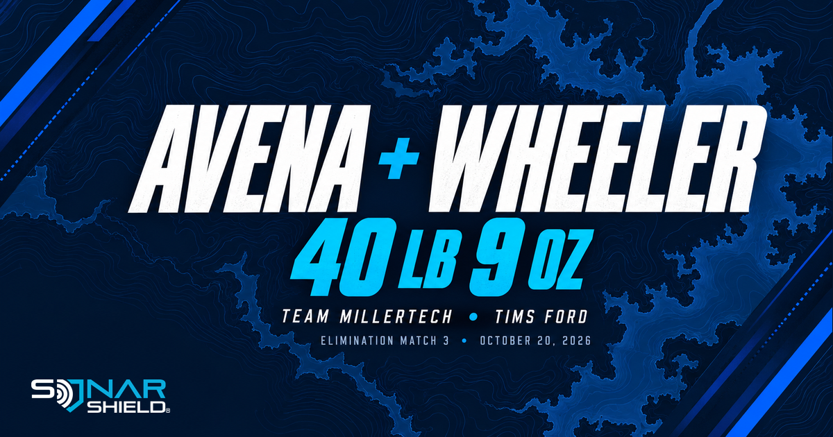 Original typography highlighting Adrian Avena and Jacob Wheeler’s 40-pound 9-ounce Elimination Match 3 result at Tims Ford on October 20, 2026.