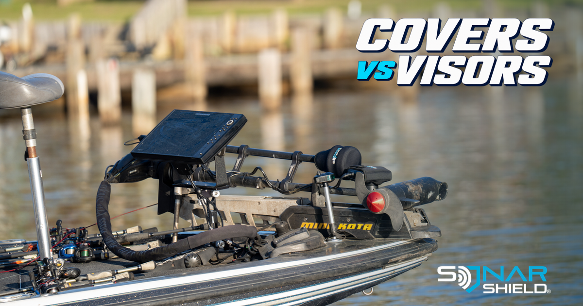 Real boat bow with a fish finder, stowed trolling motor and covered transducer beside Covers vs Visors lettering and the Sonar Shield logo.