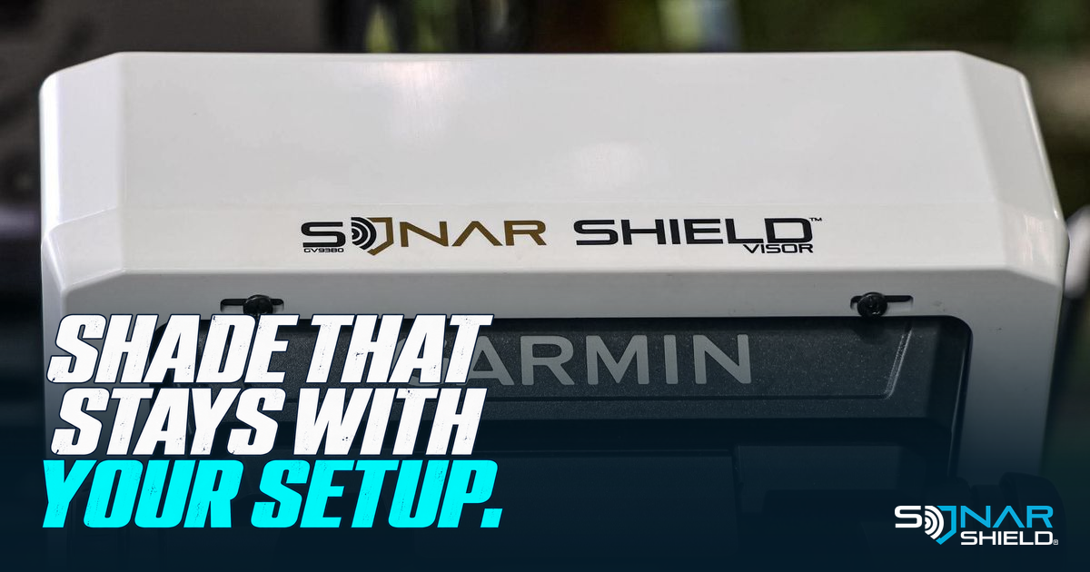 Installed white Sonar Shield bolt-on visor surrounding a Garmin fish finder, shown from the rear with Shade That Stays With Your Setup headline