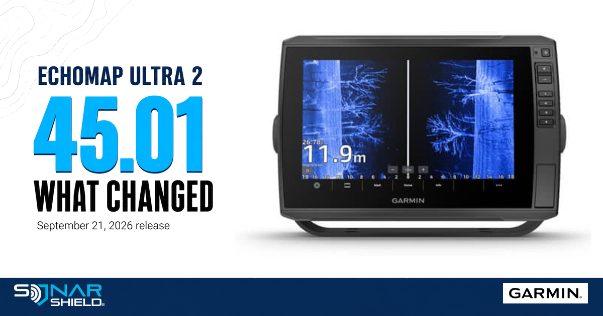 Official Garmin ECHOMAP Ultra 2 product image beside software version 45.01 and its September 21, 2026 release date.