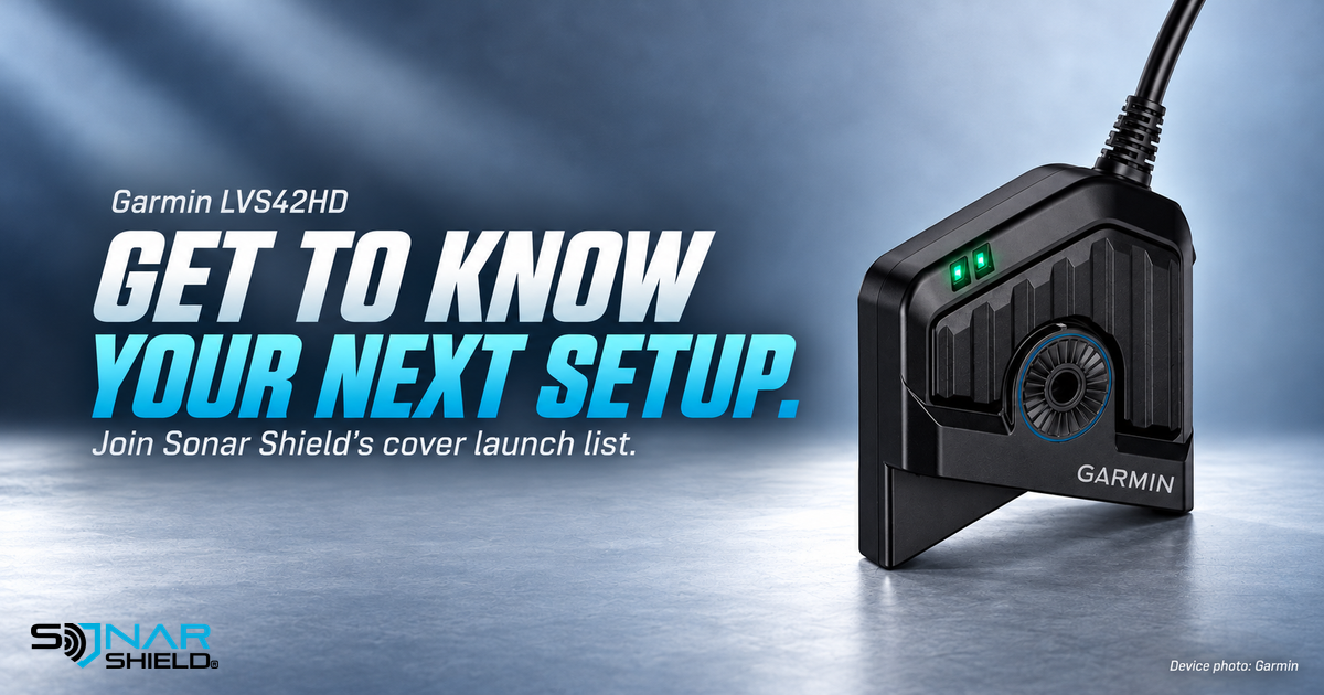 Garmin LVS42HD transducer with model guide headline and Sonar Shield cover launch-list invitation