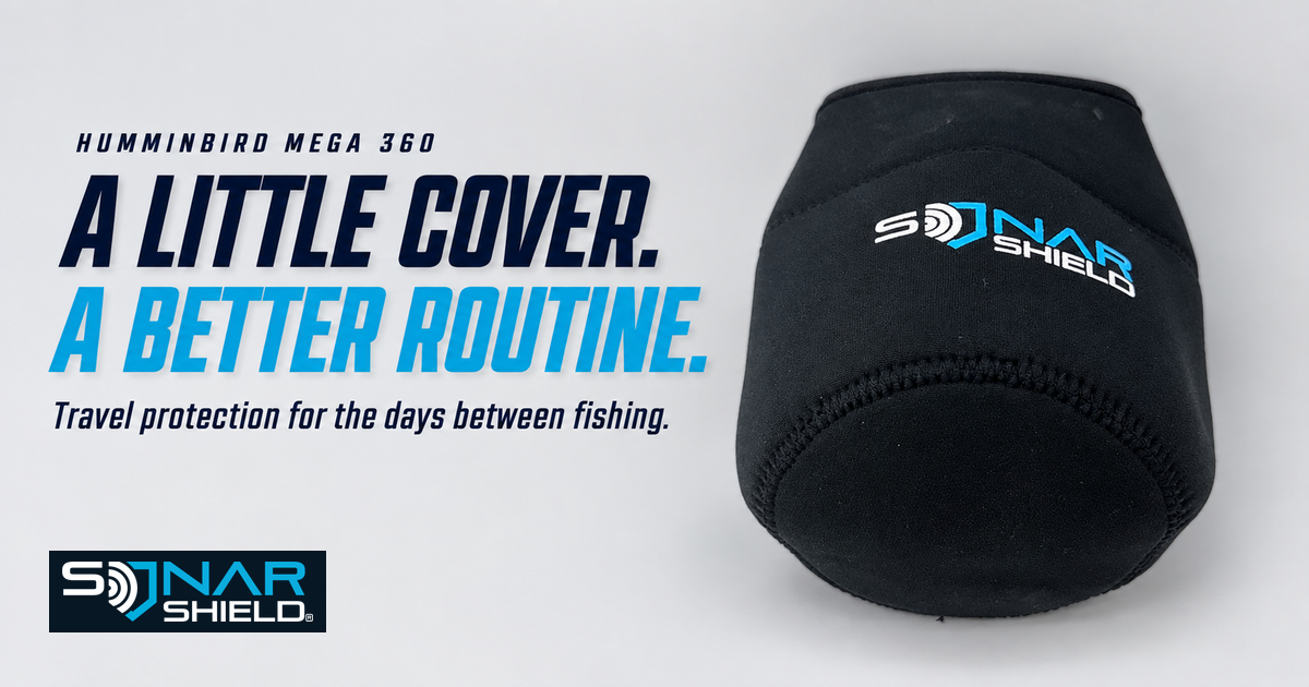 Sonar Shield black neoprene Humminbird MEGA 360 travel transducer cover with its printed blue and white logo