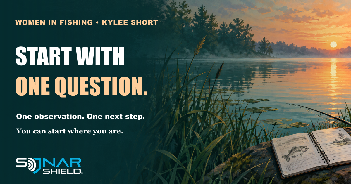 Original illustrated sunrise lake, notebook and fishing rod beside Start With One Question headline for a Kylee Short women-in-fishing feature