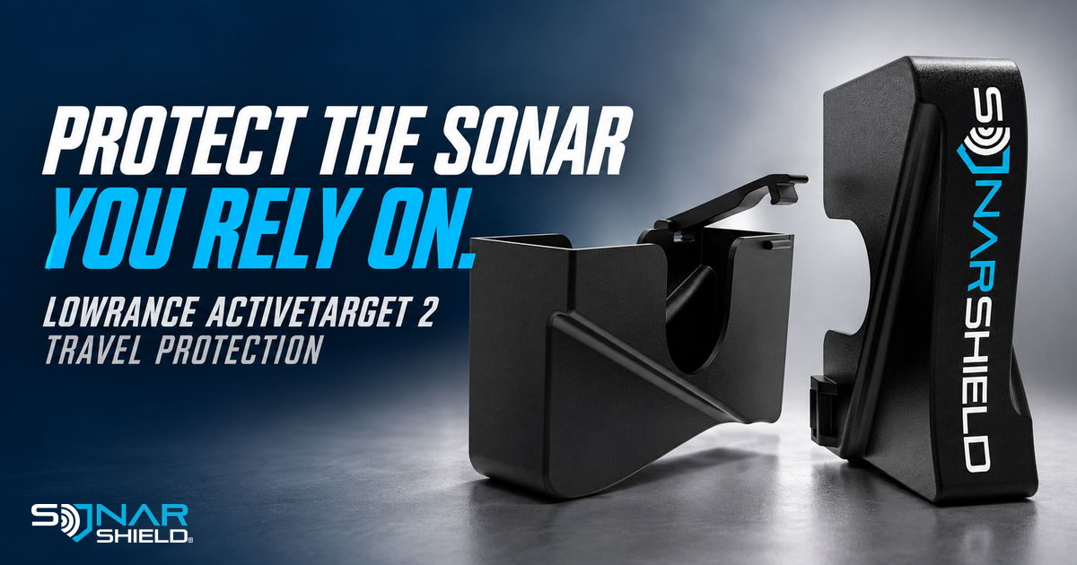 Black Sonar Shield ActiveTarget 2 travel cover shown open and closed with vertical branding and Protect the Sonar You Rely On headline