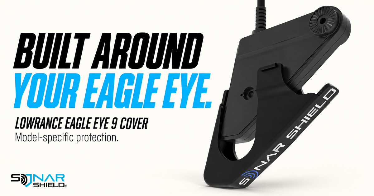 Sonar Shield black protective cover fitted around an Eagle Eye transducer in an owned catalog illustration
