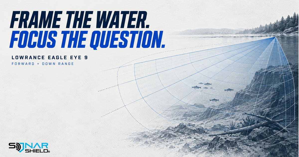 Lowrance Eagle Eye 9 range-learning graphic reading Frame the Water, Focus the Question with abstract distance lines; not a device screen