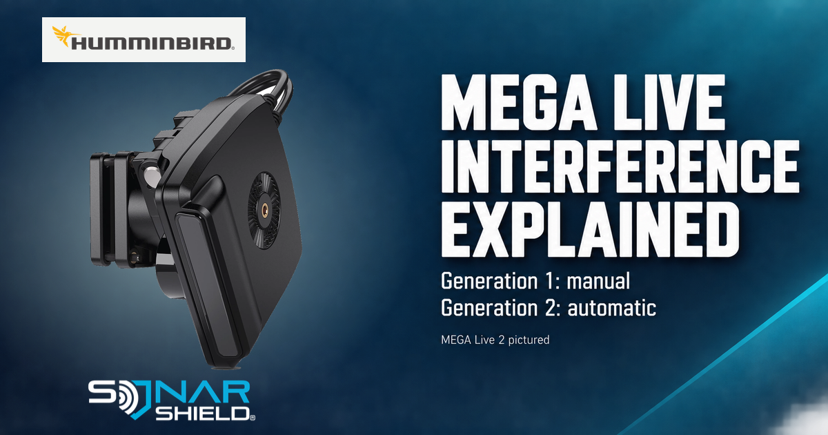 Official Humminbird MEGA Live 2 transducer beside a comparison of manual first-generation interference control and automatic MEGA Live 2 operation.