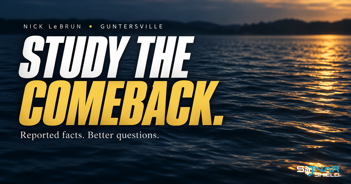 Editorial graphic reading Study the Comeback, Nick LeBrun at Guntersville, over illustrated water.