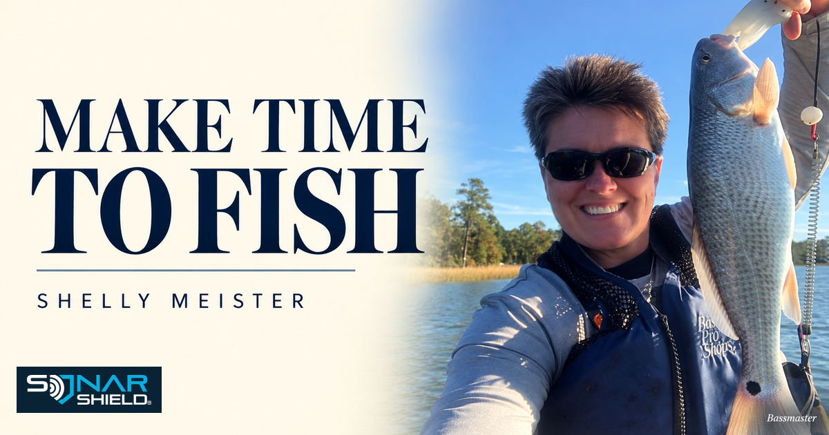 Shelly Meister holding a redfish in a photograph published by Bassmaster, beside Make Time to Fish lettering