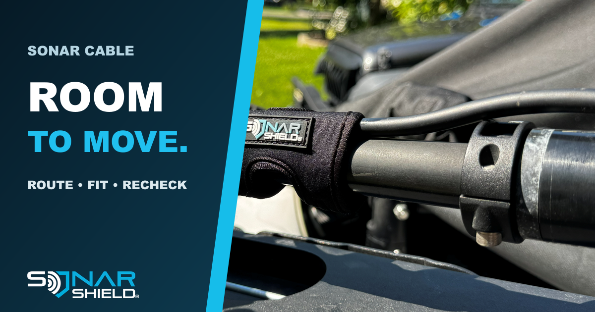 Sonar Shield H-Strap installed around a trolling-motor cable with room-to-move cable-management guidance.