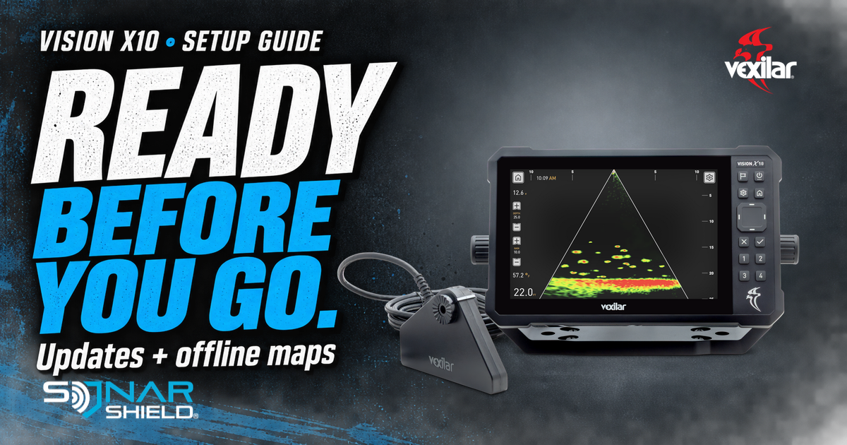 Official Vexilar Vision X10 display and transducer photograph with Vexilar logo and the headline Ready before you go: updates and offline maps.
